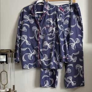 Victoria Secret XL Y2K vintage Pajama Set Navy Bows Flannel with Pink piping